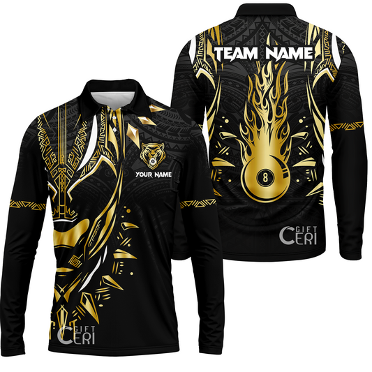 Customized Billiards Long Sleeve Polo Shirt, Panther Forever Flaming 8 Ball Personalized Jersey Gift For Billiard Players