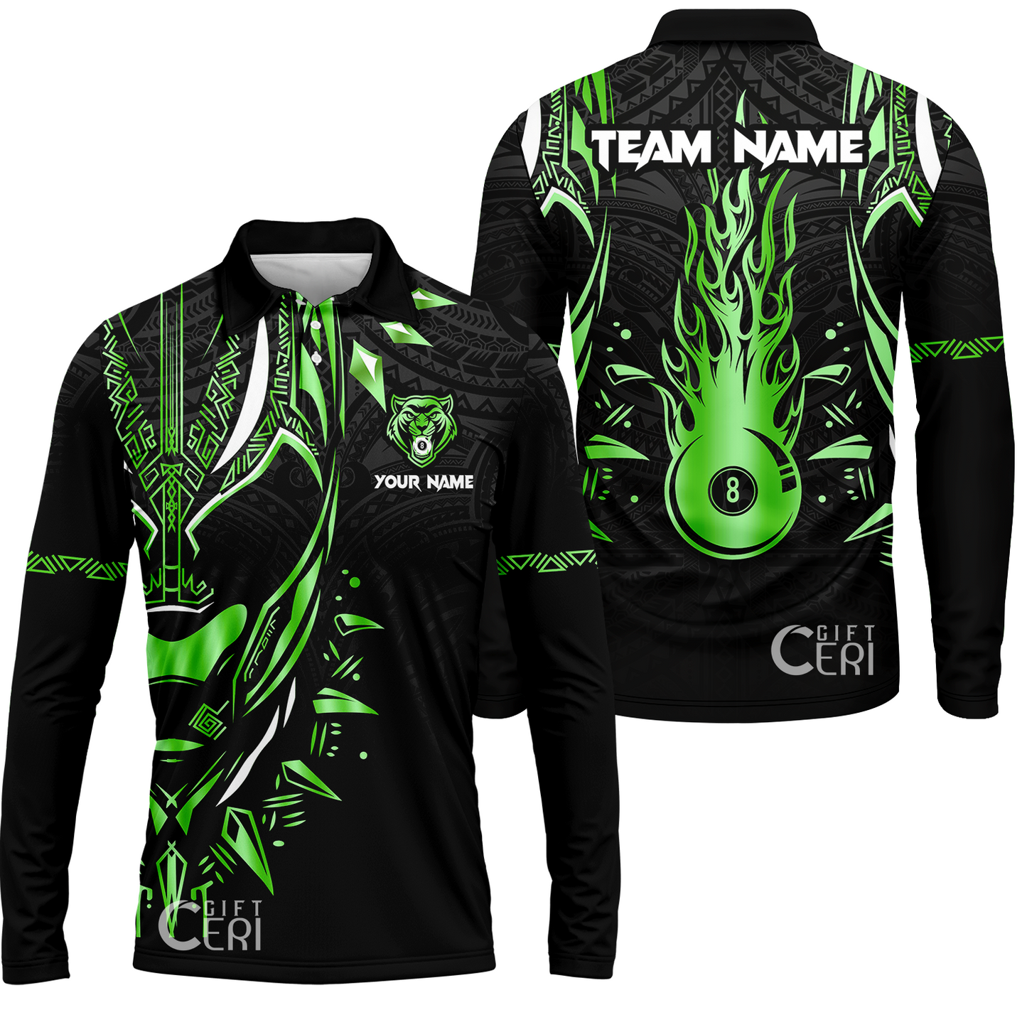 Customized Billiards Long Sleeve Polo Shirt, Panther Forever Flaming 8 Ball Personalized Jersey Gift For Billiard Players