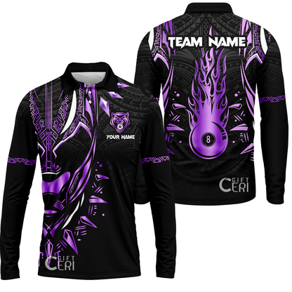 Customized Billiards Long Sleeve Polo Shirt, Panther Forever Flaming 8 Ball Personalized Jersey Gift For Billiard Players
