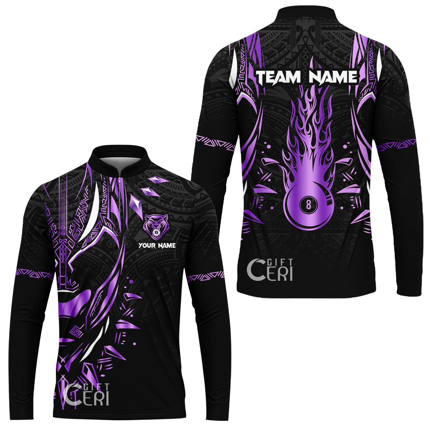 Customized Billiards Stand Collar Quarter-Zip Long Sleeve Jersey, Panther Forever Flaming 8 Ball Personalized Jersey