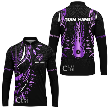 Customized Billiards Stand Collar Quarter-Zip Long Sleeve Jersey, Panther Forever Flaming 8 Ball Personalized Jersey