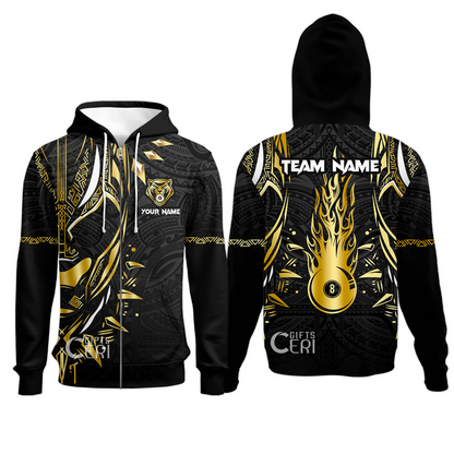 Customized Billiards Zip Hoodies, Panther Forever Flaming 8 Ball Personalized Jersey Gift For Billiard Players