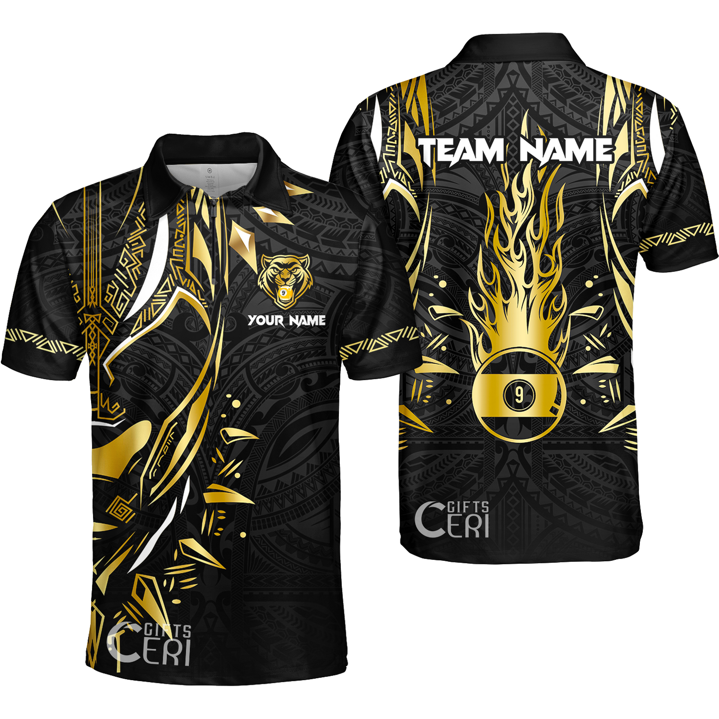 Customized Billiards Quarter-Zip Polo Shirt, Panther Forever Flaming 9 Ball Personalized Jersey Gift For Billiard Players