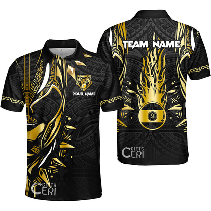 Customized Billiards Quarter-Zip Polo Shirt, Panther Forever Flaming 9 Ball Personalized Jersey Gift For Billiard Players