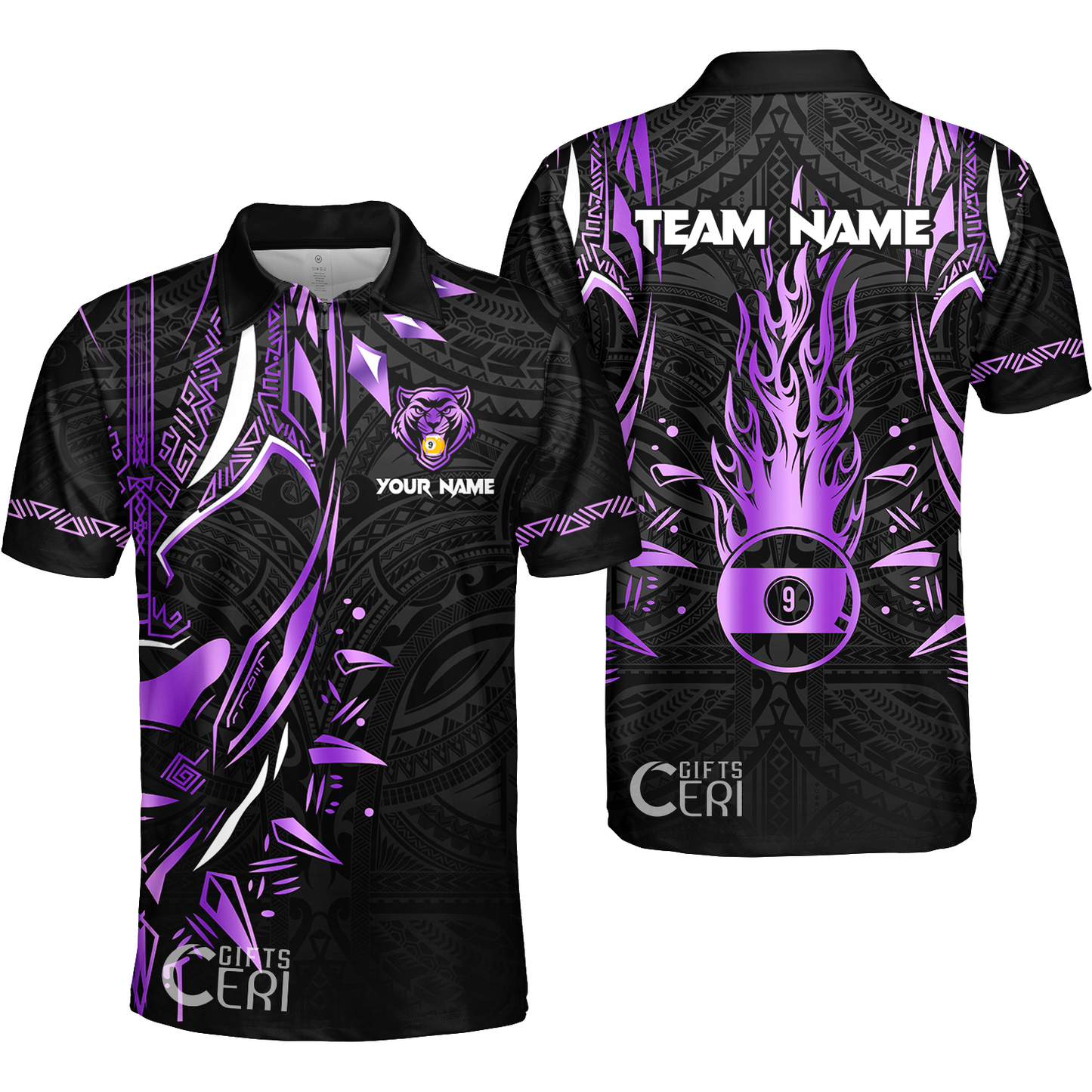 Customized Billiards Quarter-Zip Polo Shirt, Panther Forever Flaming 9 Ball Personalized Jersey Gift For Billiard Players