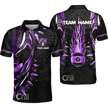 Customized Billiards Quarter-Zip Polo Shirt, Panther Forever Flaming 9 Ball Personalized Jersey Gift For Billiard Players