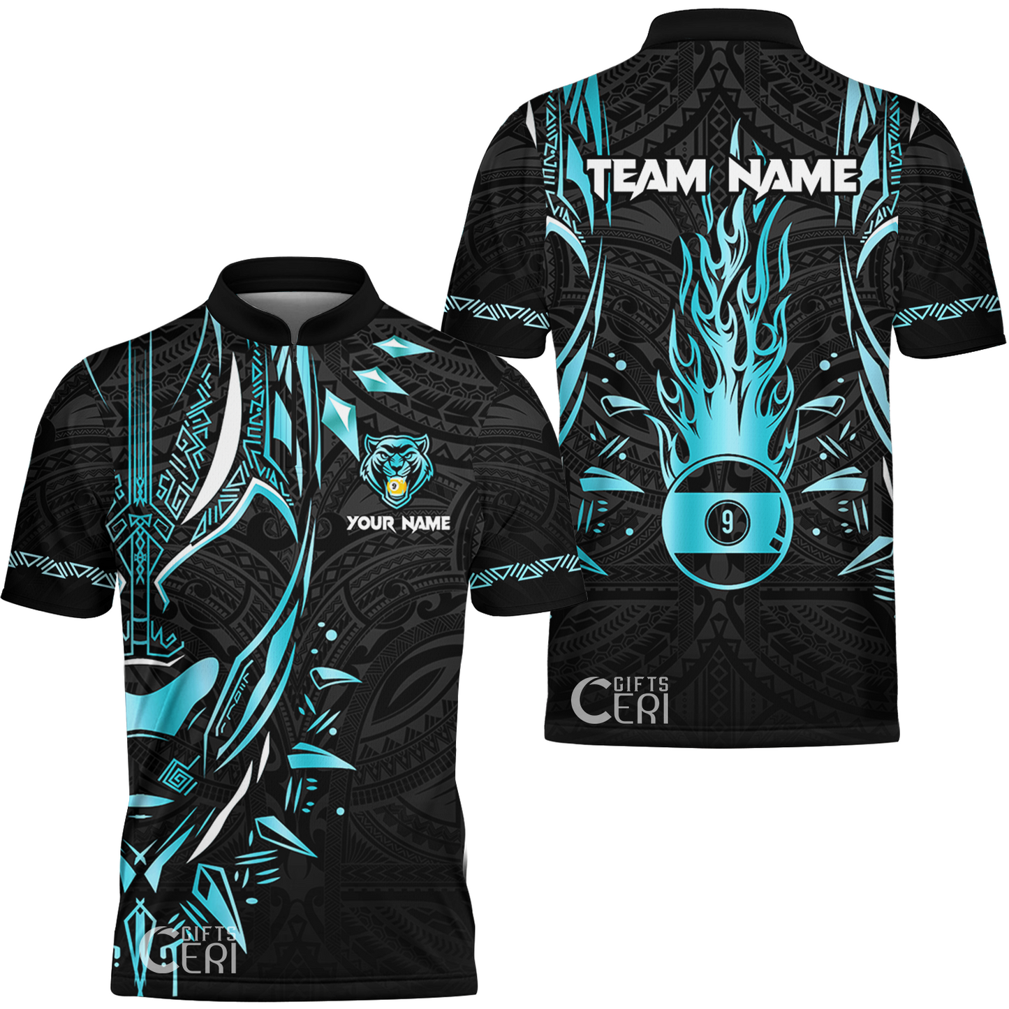 Customized Billiards Stand Collar Quarter-Zip Short Sleeve Jersey, Panther Forever Flaming 9 Ball Personalized Jersey