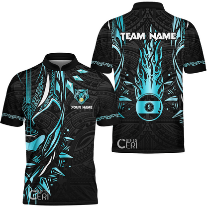 Customized Billiards Stand Collar Quarter-Zip Short Sleeve Jersey, Panther Forever Flaming 9 Ball Personalized Jersey