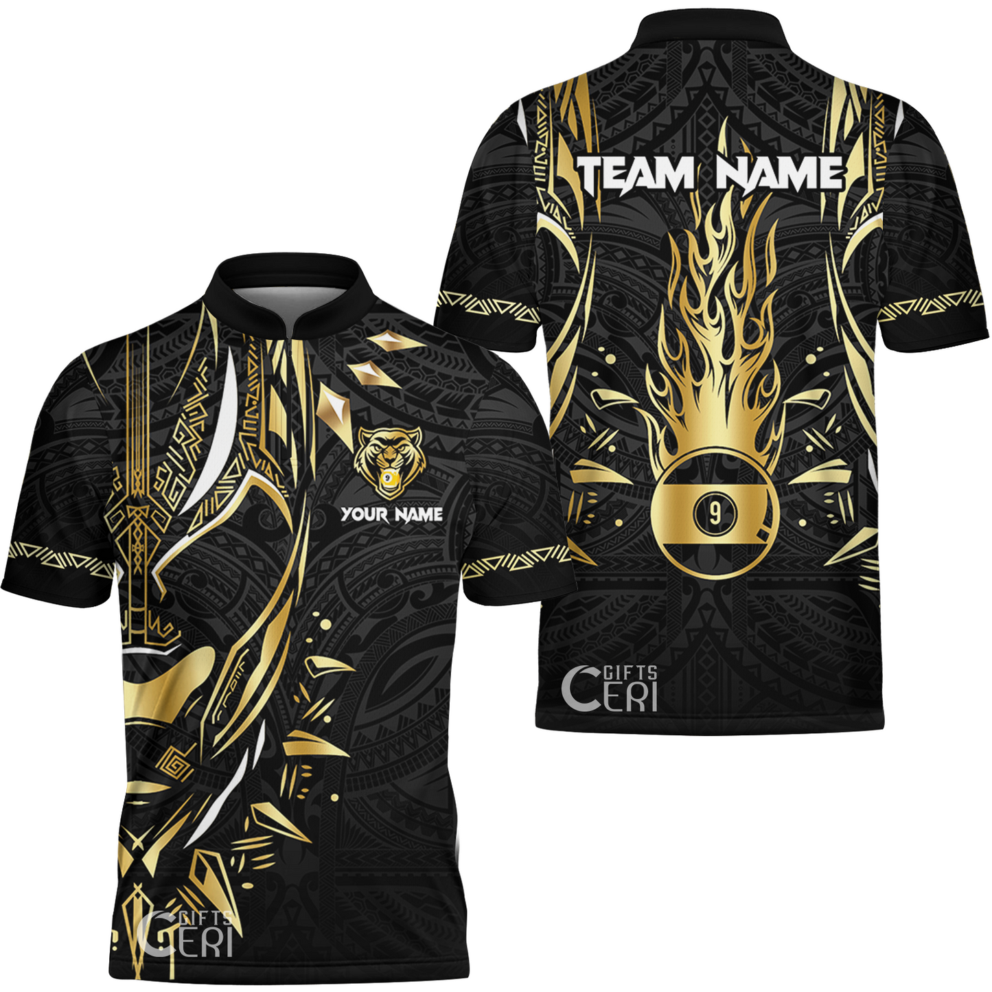 Customized Billiards Stand Collar Quarter-Zip Short Sleeve Jersey, Panther Forever Flaming 9 Ball Personalized Jersey