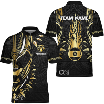 Customized Billiards Stand Collar Quarter-Zip Short Sleeve Jersey, Panther Forever Flaming 9 Ball Personalized Jersey