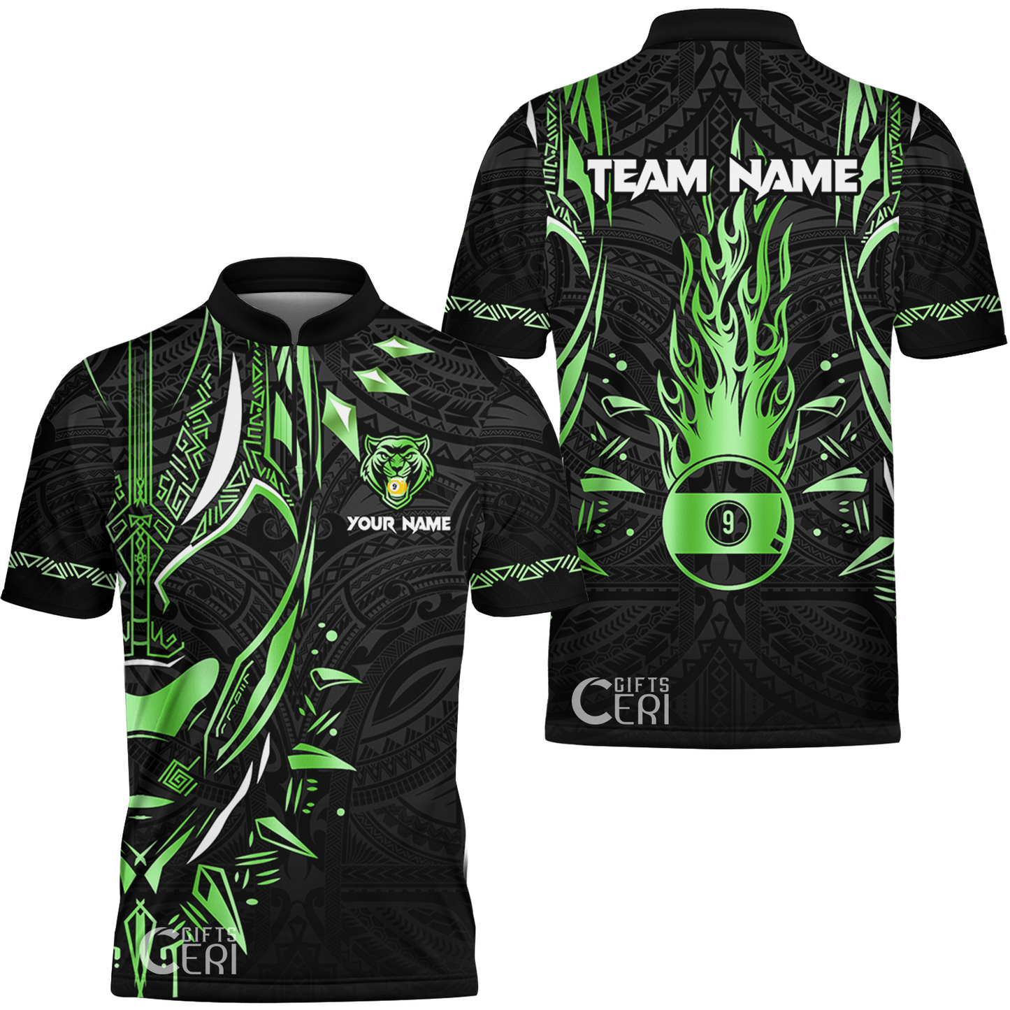 Customized Billiards Stand Collar Quarter-Zip Short Sleeve Jersey, Panther Forever Flaming 9 Ball Personalized Jersey