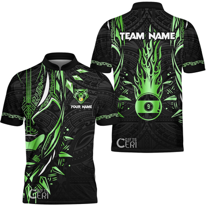 Customized Billiards Stand Collar Quarter-Zip Short Sleeve Jersey, Panther Forever Flaming 9 Ball Personalized Jersey