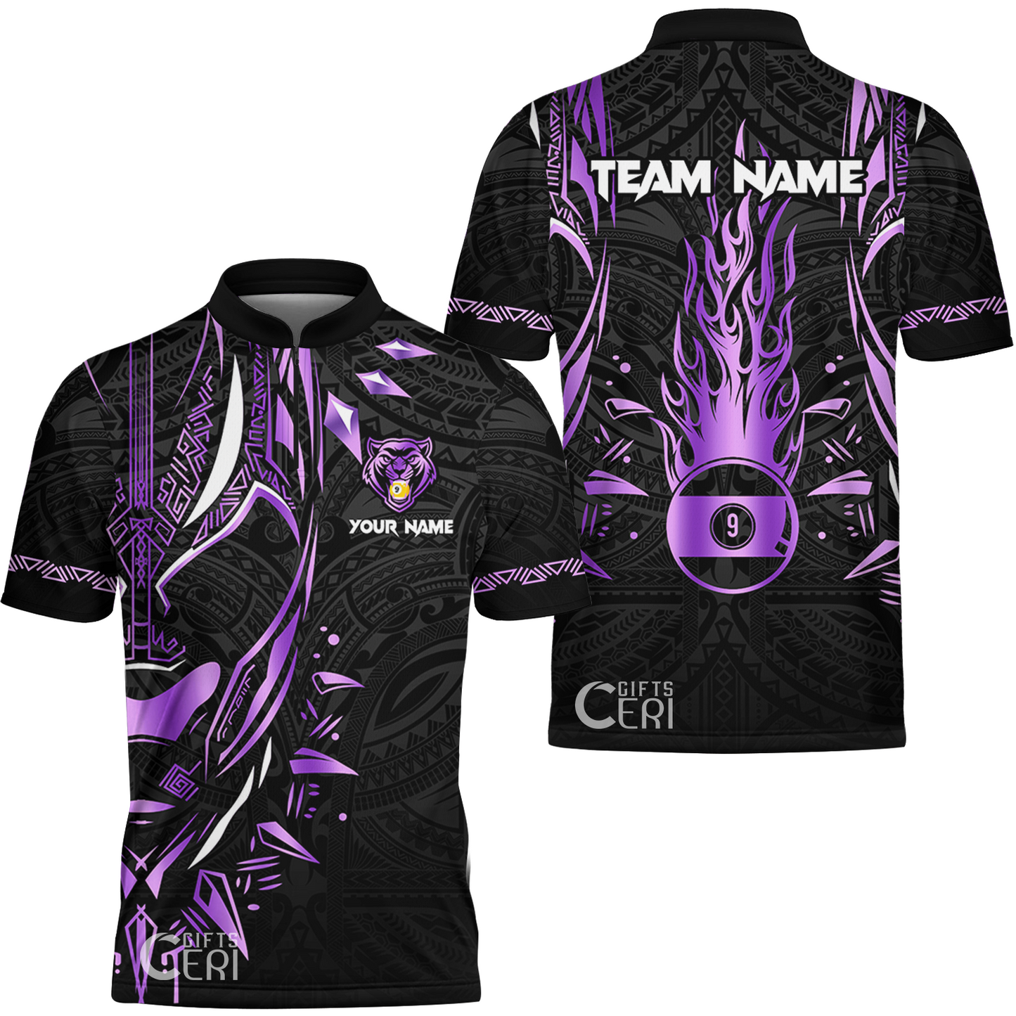 Customized Billiards Stand Collar Quarter-Zip Short Sleeve Jersey, Panther Forever Flaming 9 Ball Personalized Jersey