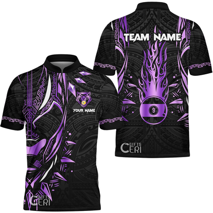 Customized Billiards Stand Collar Quarter-Zip Short Sleeve Jersey, Panther Forever Flaming 9 Ball Personalized Jersey