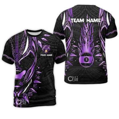 Customized Billiards T-Shirt, Panther Forever Flaming 9 Ball Personalized Jersey Gift For Billiard Players