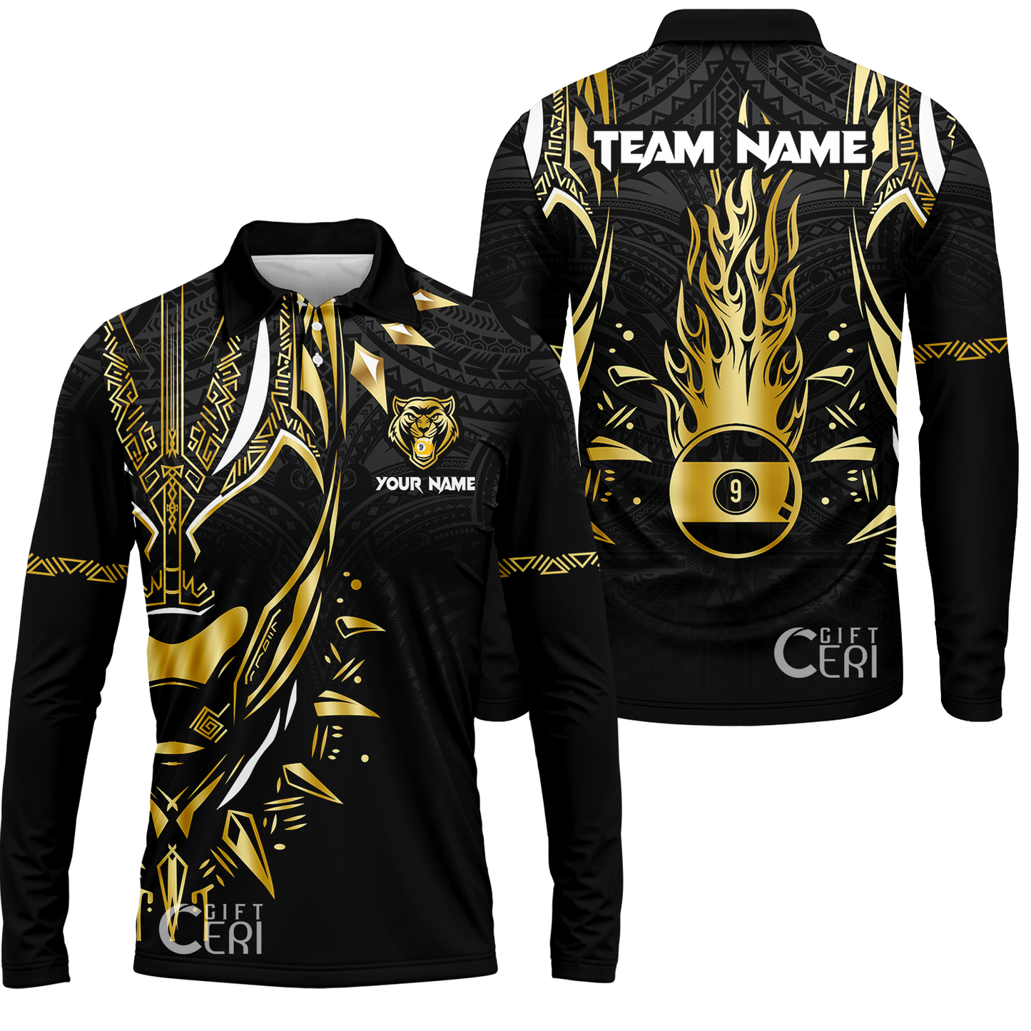 Customized Billiards Long Sleeve Polo Shirt, Panther Forever Flaming 9 Ball Personalized Jersey Gift For Billiard Players