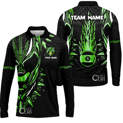 Customized Billiards Long Sleeve Polo Shirt, Panther Forever Flaming 9 Ball Personalized Jersey Gift For Billiard Players