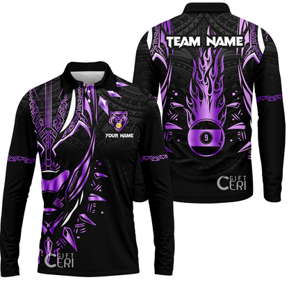 Customized Billiards Long Sleeve Polo Shirt, Panther Forever Flaming 9 Ball Personalized Jersey Gift For Billiard Players