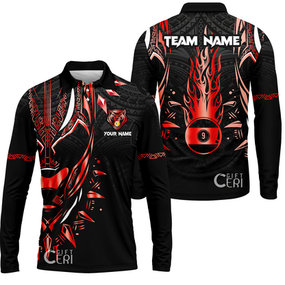 Customized Billiards Long Sleeve Polo Shirt, Panther Forever Flaming 9 Ball Personalized Jersey Gift For Billiard Players