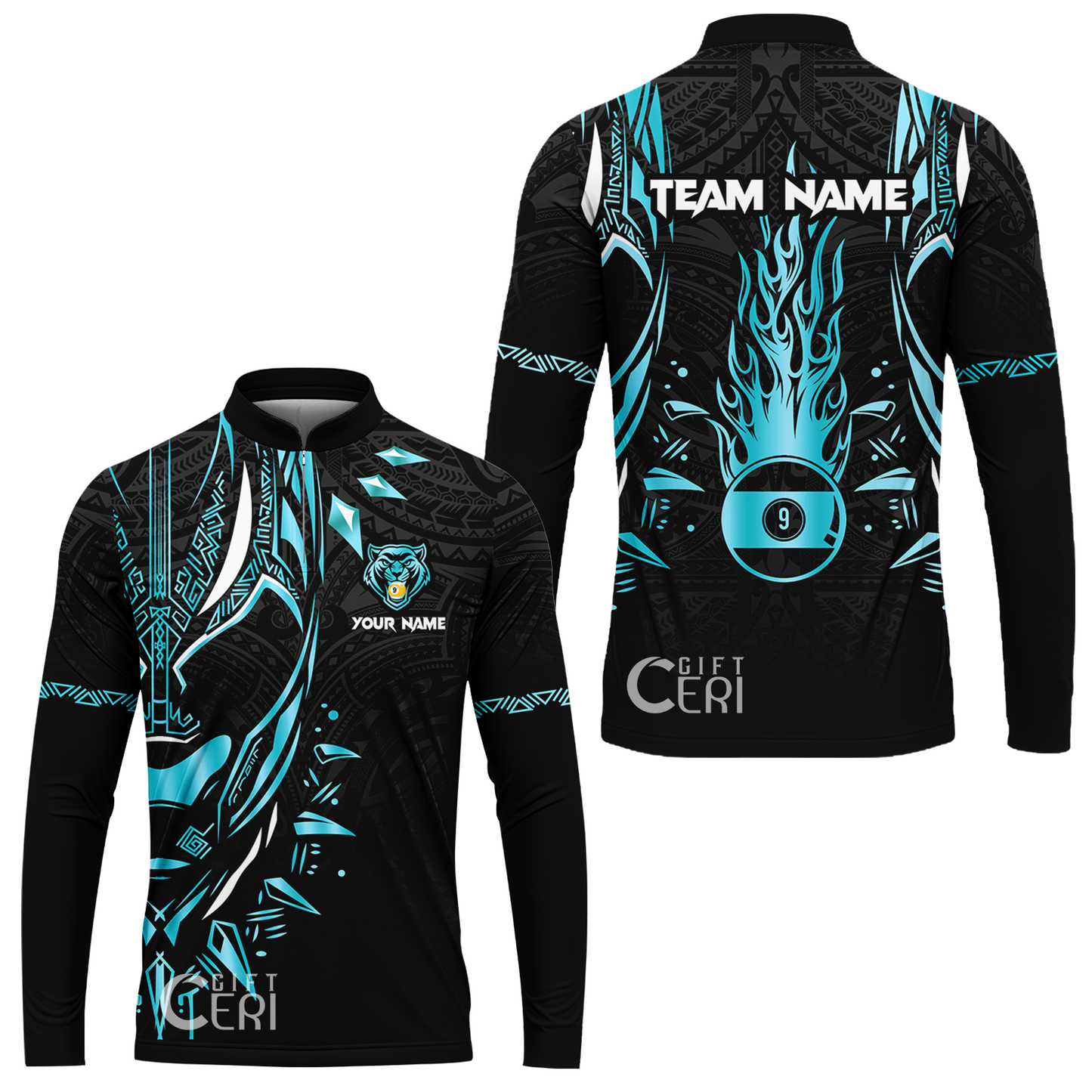 Customized Billiards Stand Collar Quarter-Zip Long Sleeve Jersey, Panther Forever Flaming 9 Ball Personalized Jersey