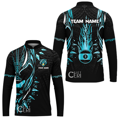 Customized Billiards Stand Collar Quarter-Zip Long Sleeve Jersey, Panther Forever Flaming 9 Ball Personalized Jersey