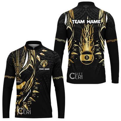 Customized Billiards Stand Collar Quarter-Zip Long Sleeve Jersey, Panther Forever Flaming 9 Ball Personalized Jersey