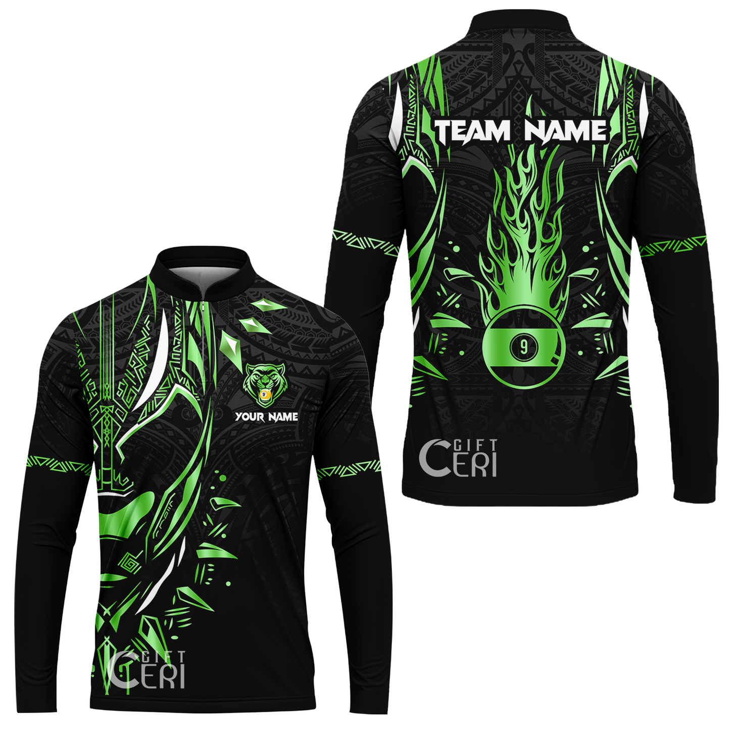 Customized Billiards Stand Collar Quarter-Zip Long Sleeve Jersey, Panther Forever Flaming 9 Ball Personalized Jersey