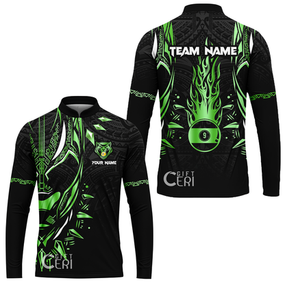 Customized Billiards Stand Collar Quarter-Zip Long Sleeve Jersey, Panther Forever Flaming 9 Ball Personalized Jersey