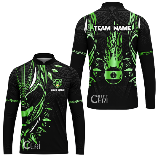 Customized Billiards Stand Collar Quarter-Zip Long Sleeve Jersey, Panther Forever Flaming 9 Ball Personalized Jersey