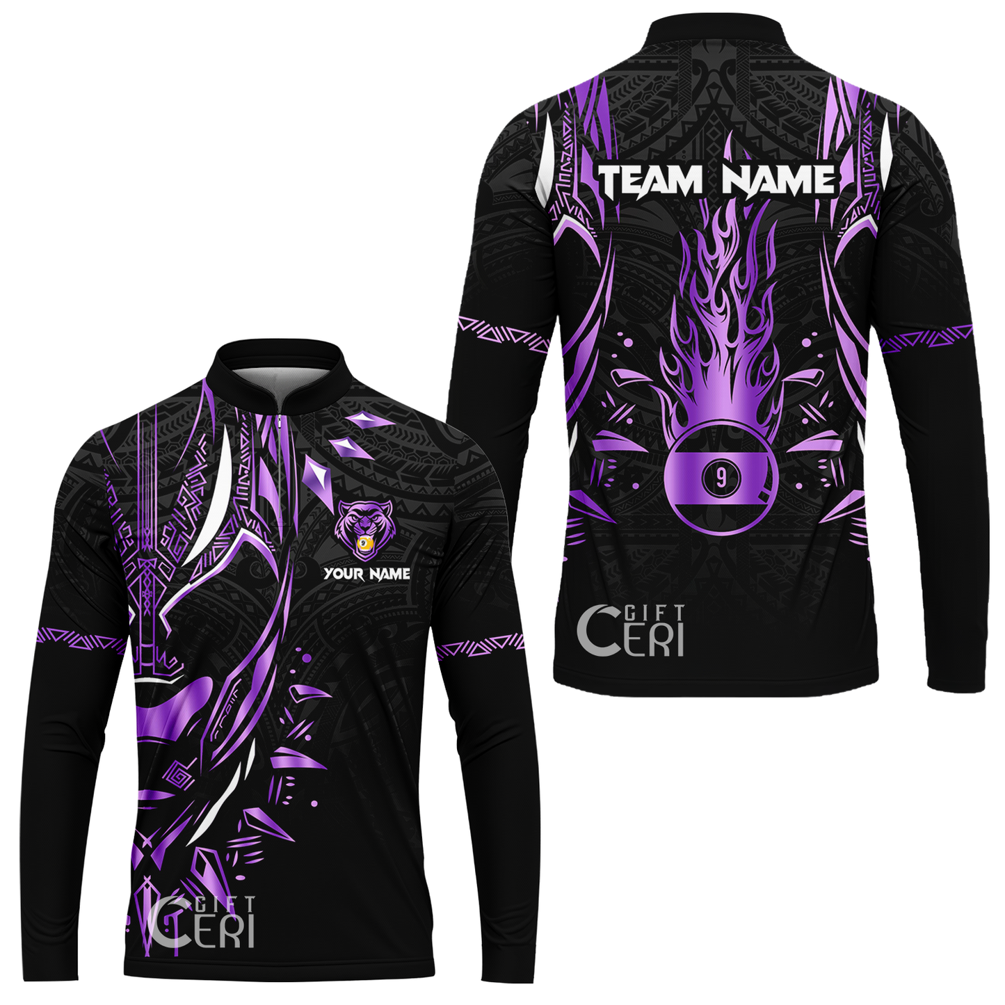 Customized Billiards Stand Collar Quarter-Zip Long Sleeve Jersey, Panther Forever Flaming 9 Ball Personalized Jersey