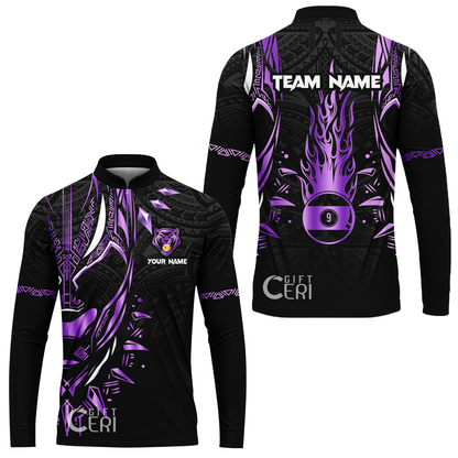 Customized Billiards Stand Collar Quarter-Zip Long Sleeve Jersey, Panther Forever Flaming 9 Ball Personalized Jersey