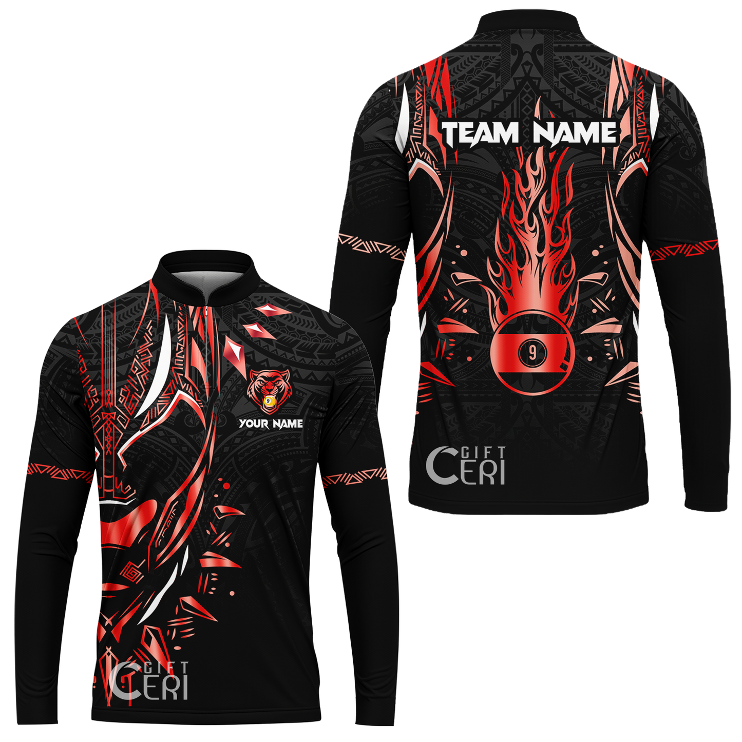Customized Billiards Stand Collar Quarter-Zip Long Sleeve Jersey, Panther Forever Flaming 9 Ball Personalized Jersey