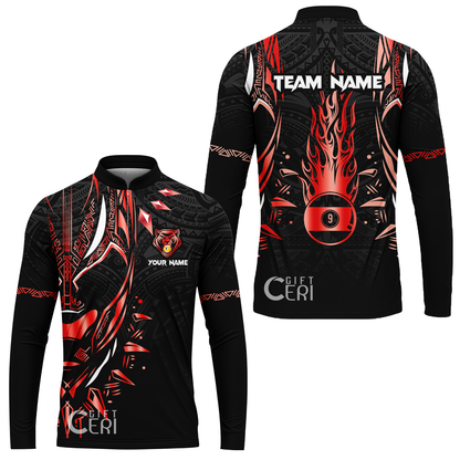 Customized Billiards Stand Collar Quarter-Zip Long Sleeve Jersey, Panther Forever Flaming 9 Ball Personalized Jersey