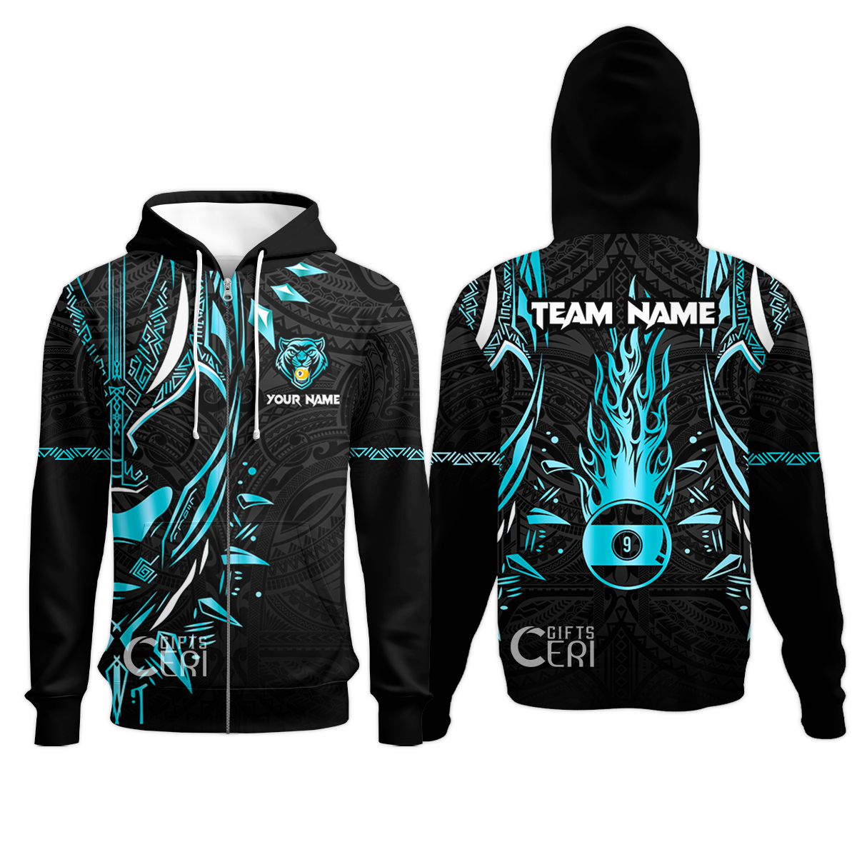 Customized Billiards Zip Hoodies, Panther Forever Flaming 9 Ball Personalized Jersey Gift For Billiard Players