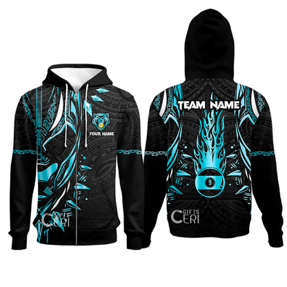 Customized Billiards Zip Hoodies, Panther Forever Flaming 9 Ball Personalized Jersey Gift For Billiard Players