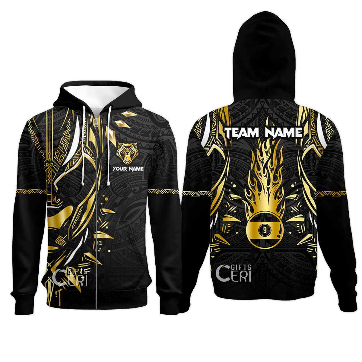 Customized Billiards Zip Hoodies, Panther Forever Flaming 9 Ball Personalized Jersey Gift For Billiard Players