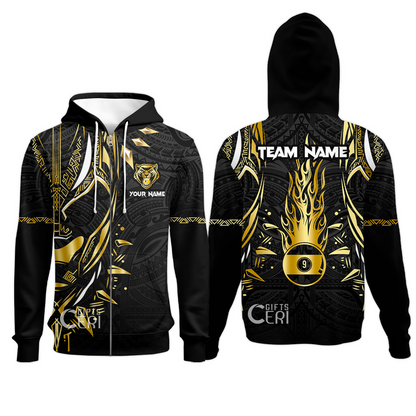 Customized Billiards Zip Hoodies, Panther Forever Flaming 9 Ball Personalized Jersey Gift For Billiard Players