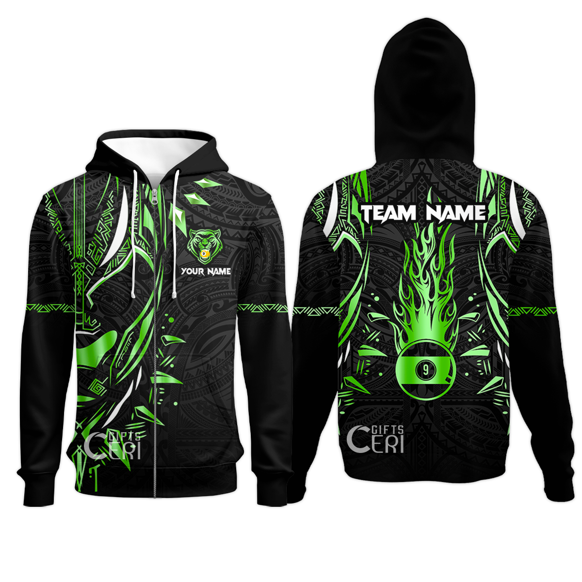 Customized Billiards Zip Hoodies, Panther Forever Flaming 9 Ball Personalized Jersey Gift For Billiard Players