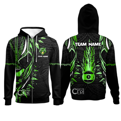 Customized Billiards Zip Hoodies, Panther Forever Flaming 9 Ball Personalized Jersey Gift For Billiard Players