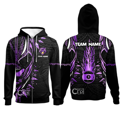 Customized Billiards Zip Hoodies, Panther Forever Flaming 9 Ball Personalized Jersey Gift For Billiard Players