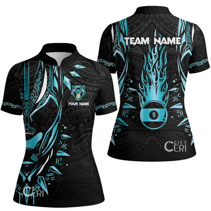 Customized Billiards Stand Collar Quarter Zip Short Sleeve Women's Shirt, Panther Forever Flaming 9 Ball Jersey