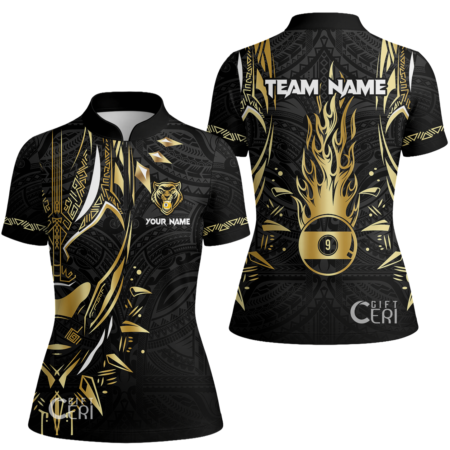 Customized Billiards Stand Collar Quarter Zip Short Sleeve Women's Shirt, Panther Forever Flaming 9 Ball Jersey