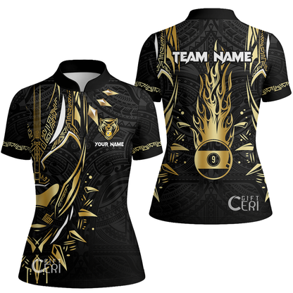 Customized Billiards Stand Collar Quarter Zip Short Sleeve Women's Shirt, Panther Forever Flaming 9 Ball Jersey