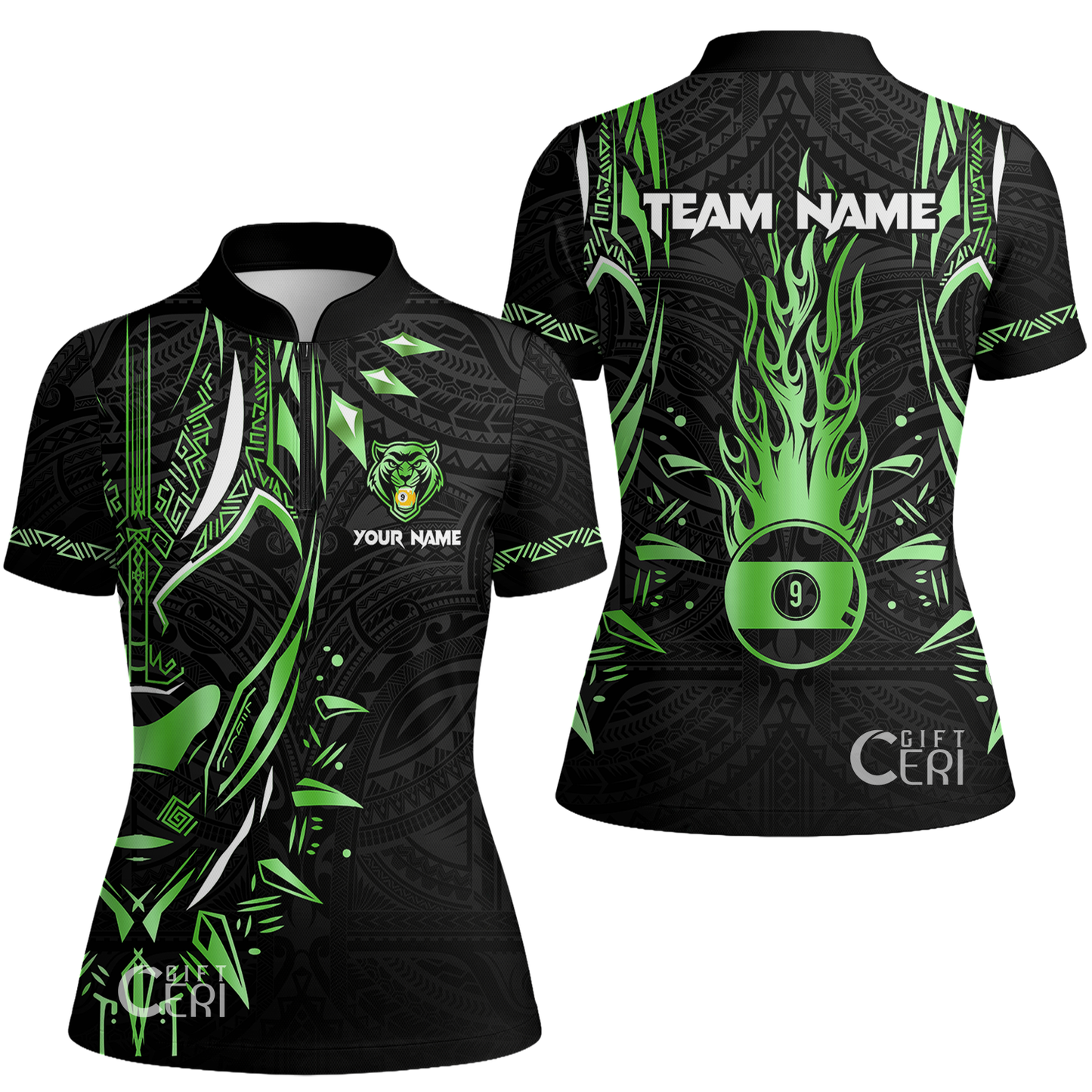 Customized Billiards Stand Collar Quarter Zip Short Sleeve Women's Shirt, Panther Forever Flaming 9 Ball Jersey