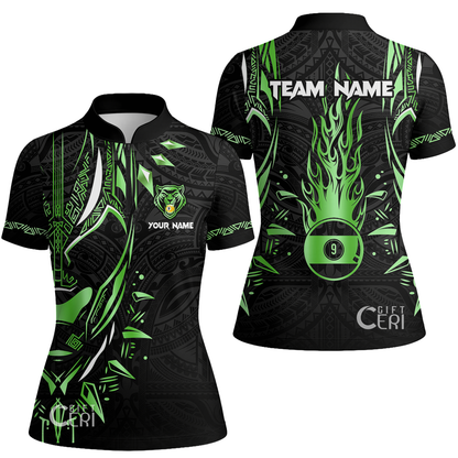 Customized Billiards Stand Collar Quarter Zip Short Sleeve Women's Shirt, Panther Forever Flaming 9 Ball Jersey