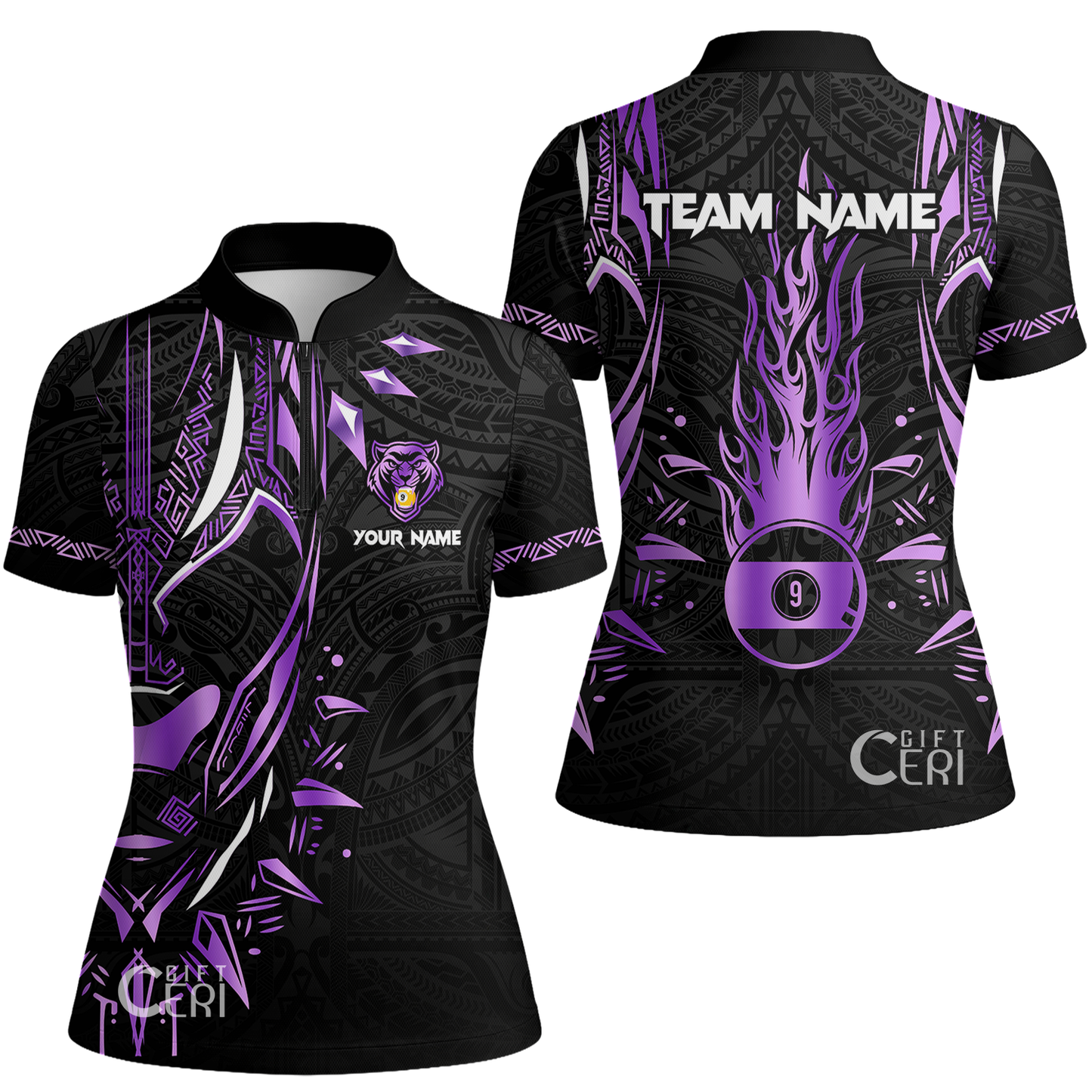 Customized Billiards Stand Collar Quarter Zip Short Sleeve Women's Shirt, Panther Forever Flaming 9 Ball Jersey