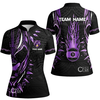 Customized Billiards Stand Collar Quarter Zip Short Sleeve Women's Shirt, Panther Forever Flaming 9 Ball Jersey