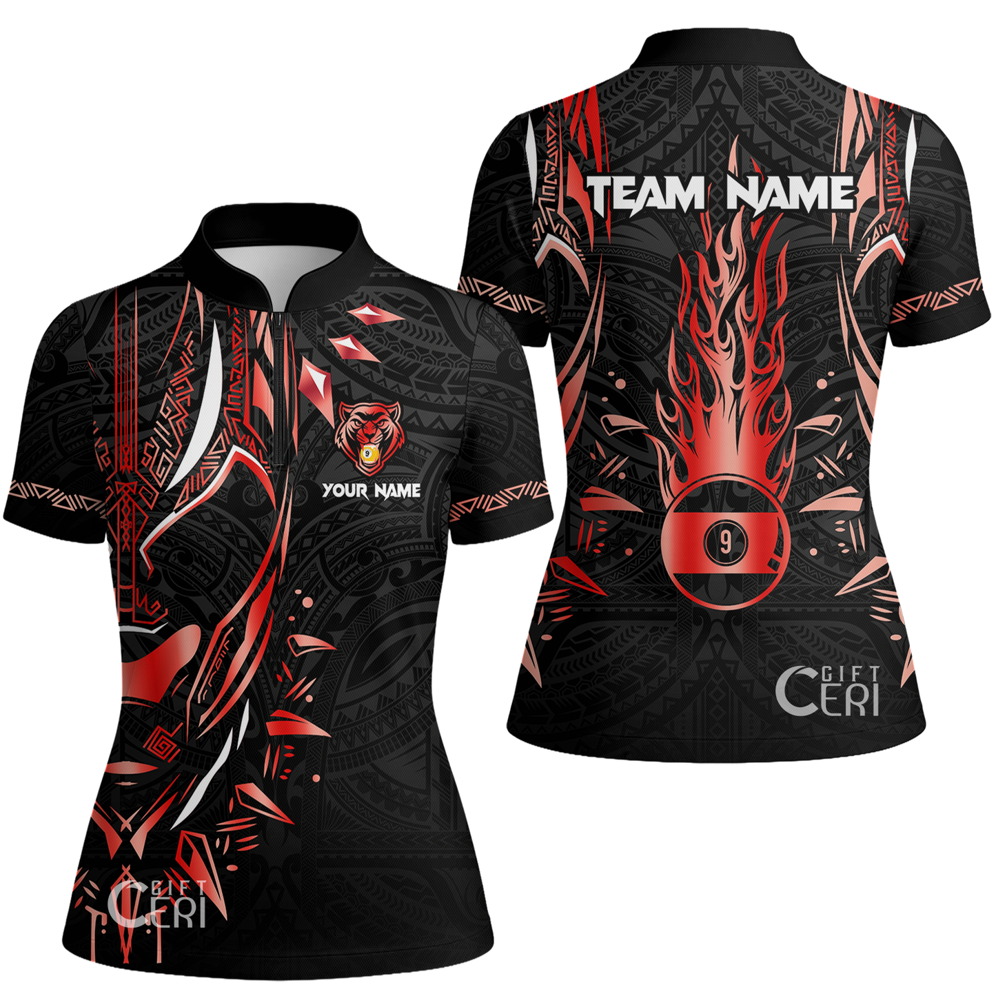 Customized Billiards Stand Collar Quarter Zip Short Sleeve Women's Shirt, Panther Forever Flaming 9 Ball Jersey