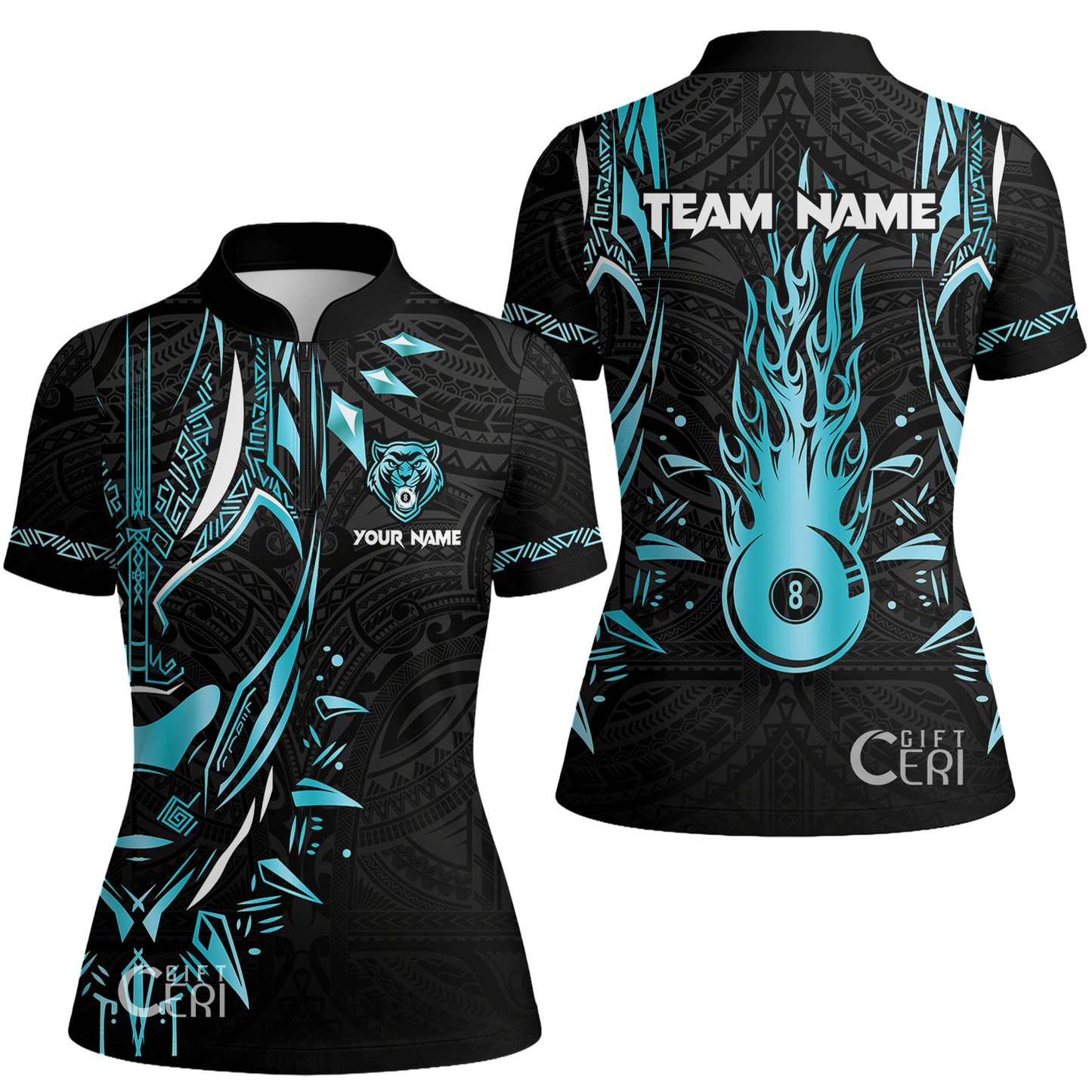 Customized Billiards Stand Collar Quarter Zip Short Sleeve Women's Shirt, Panther Forever Flaming 8 Ball Jersey