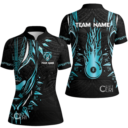 Customized Billiards Stand Collar Quarter Zip Short Sleeve Women's Shirt, Panther Forever Flaming 8 Ball Jersey